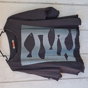 blue fish navy blue woman's tee shirt. No size on label.